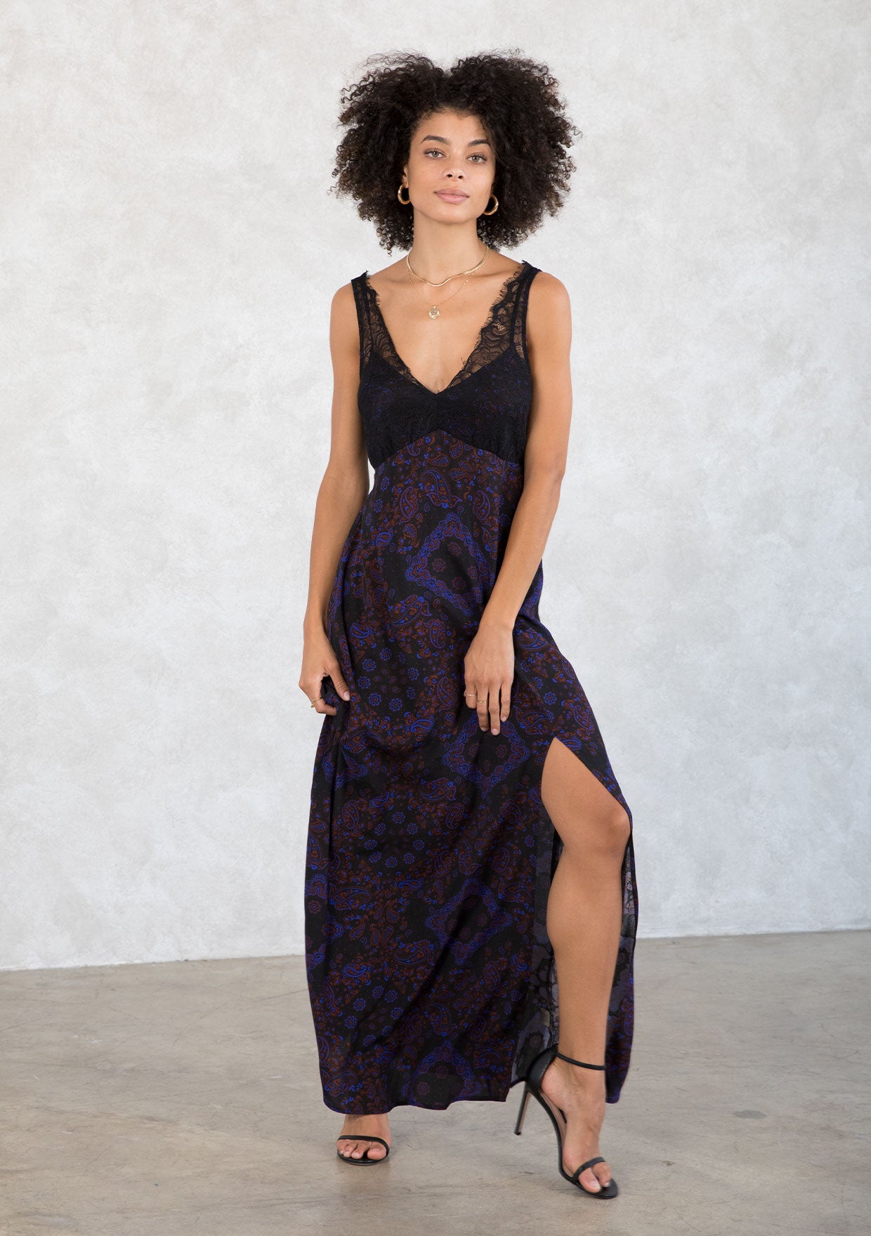 Black Lace Cut-out Long Silk Slip Dress