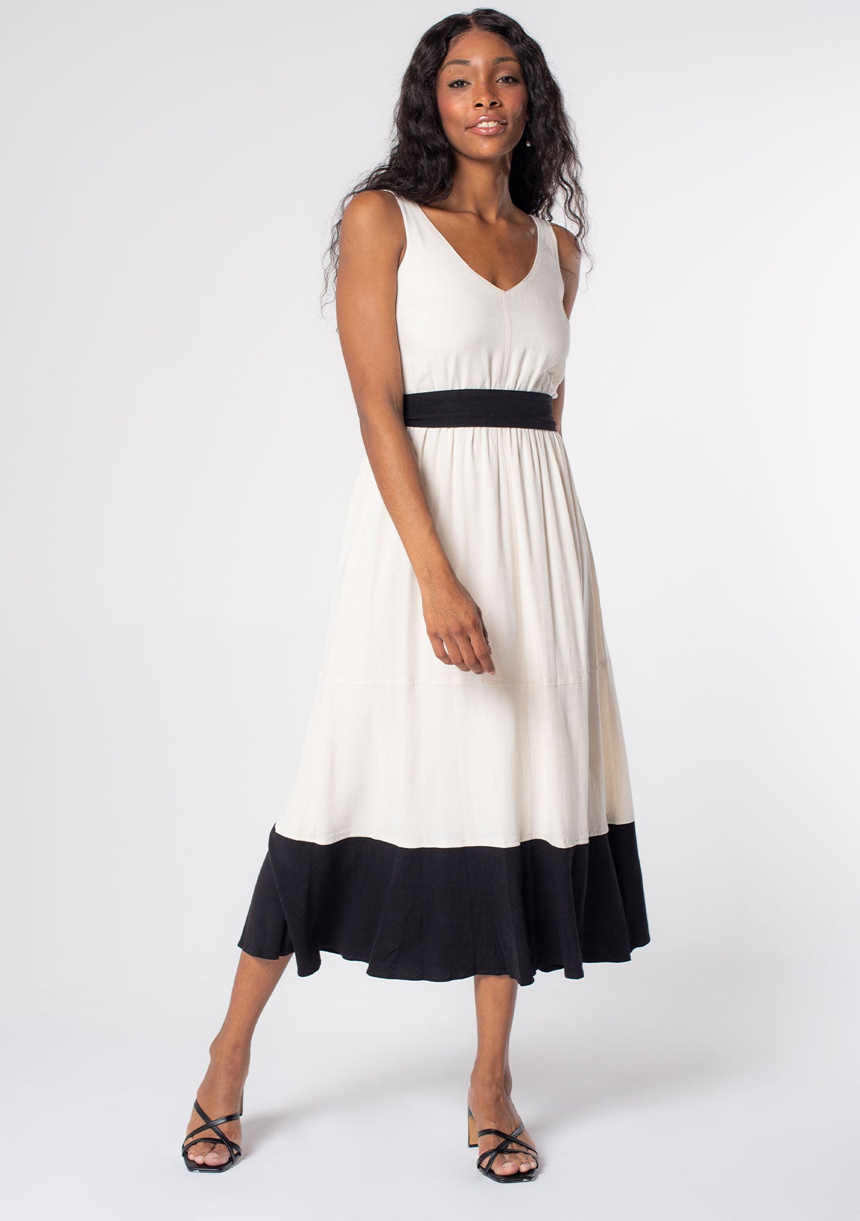 Beautiful Breezes Ivory Striped Linen Tiered Midi Dress