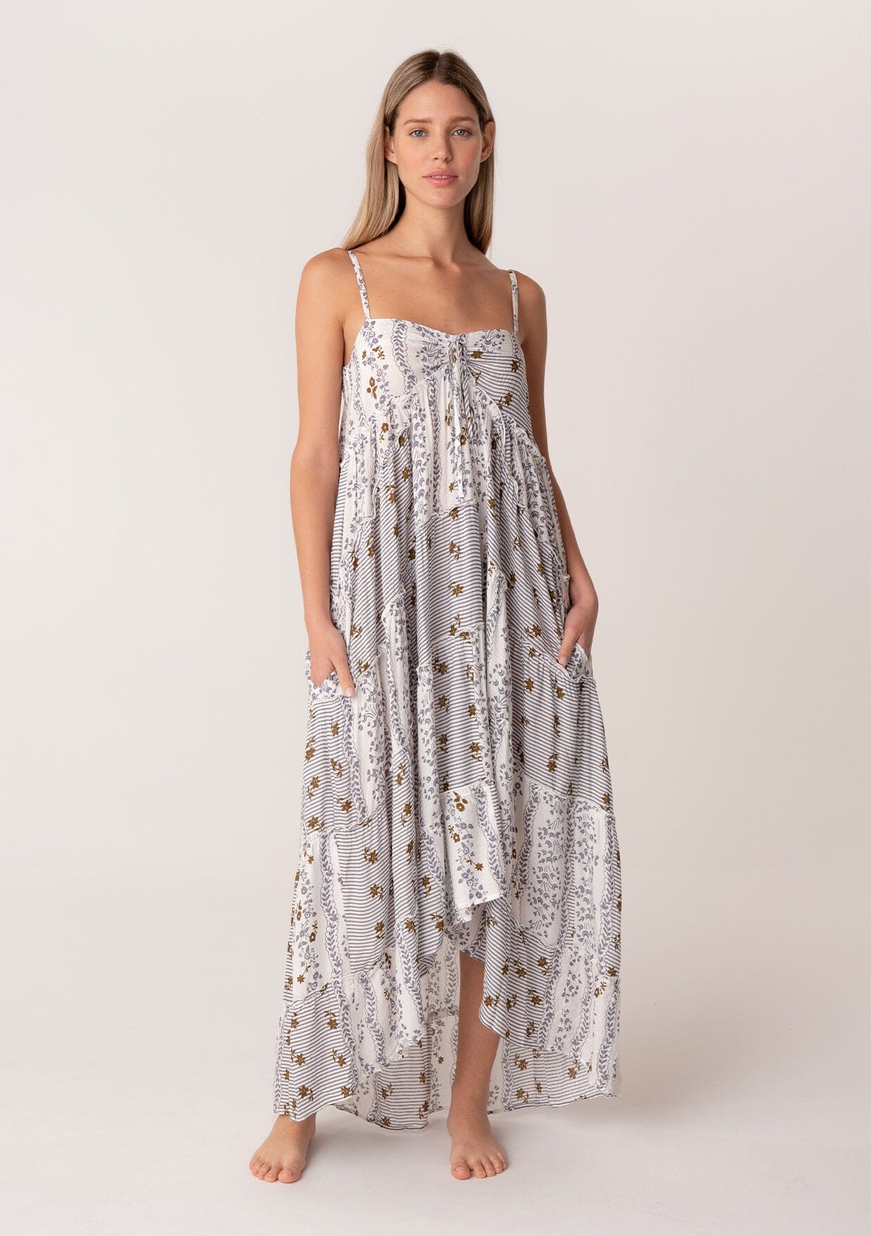 Lucky Brand White Sleeveless Floral Print Tie Front Maxi Dress M