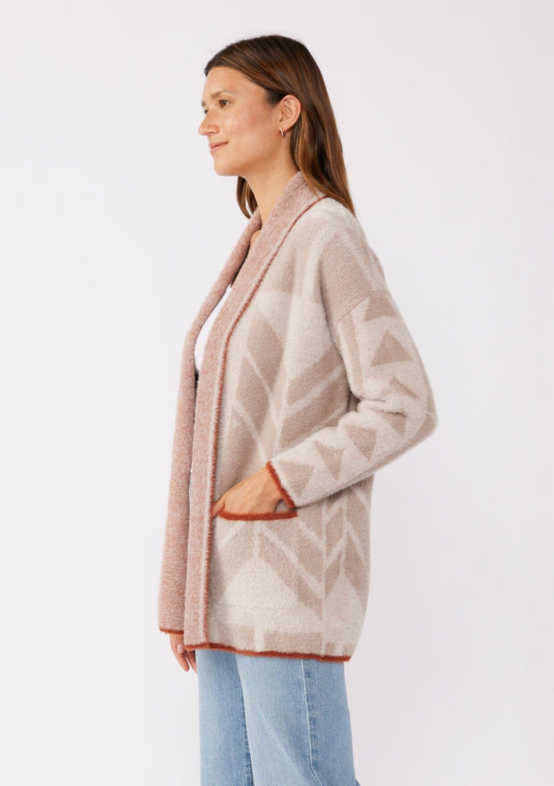 [Color: Oatmeal/Natural] A cozy, fuzzy texture cardigan with an abstract geometric print and contrasting trim. Featuring an open front, side patch pockets, and long sleeves. The perfect mid length cardigan for the Fall season. 