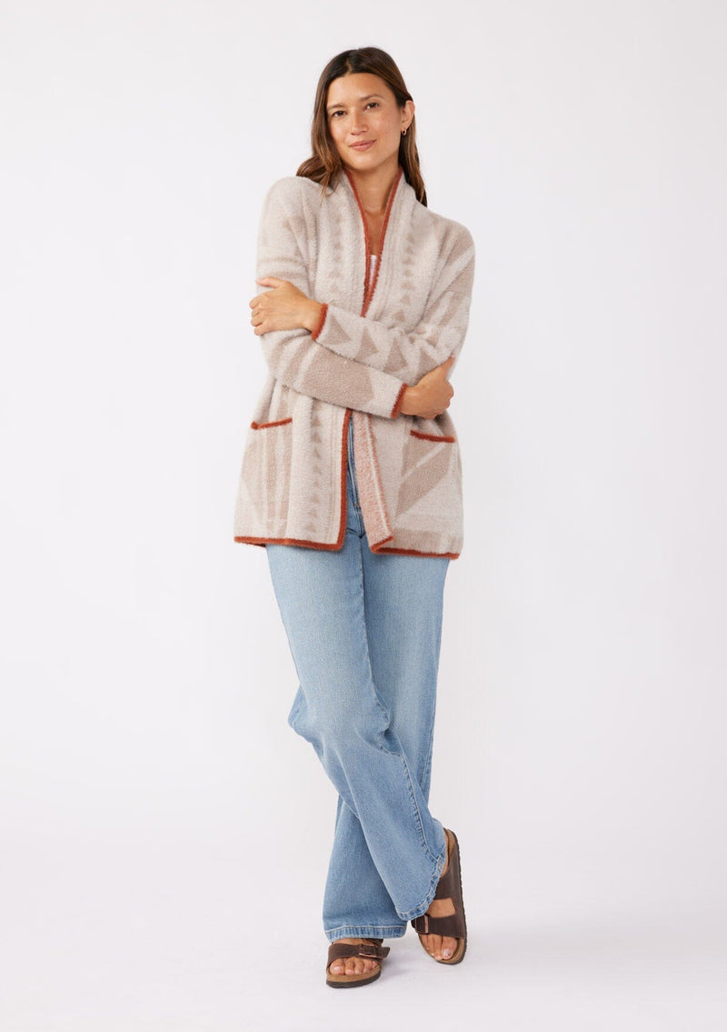 [Color: Oatmeal/Natural] A cozy, fuzzy texture cardigan with an abstract geometric print and contrasting trim. Featuring an open front, side patch pockets, and long sleeves. The perfect mid length cardigan for the Fall season. 