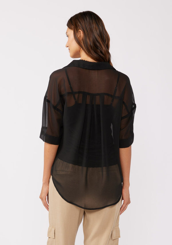 [Color: Black] A back facing image of a brunette model wearing a black sheer chiffon short sleeve button front blouse. With a self covered button front and a collared neckline.