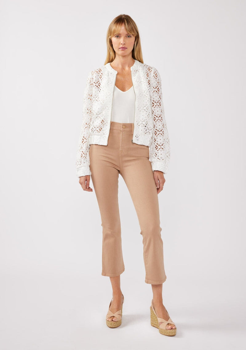 [Color: White] A full body front-facing image of a blonde model wearing a white open crochet bomber jacket. The jacket features a floral lace pattern, a zip-up front, and a wide elastic band at the hem and cuffs. This cropped style is perfect for casual outings on vacation or as a beachwear throw on.