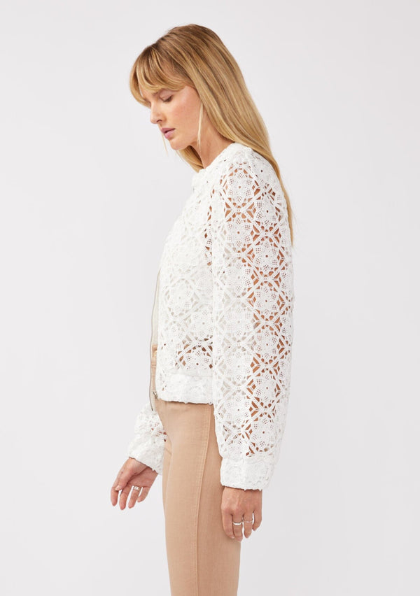 [Color: White] A side-facing image of a blonde model wearing a white open crochet bomber jacket. The jacket features a floral lace pattern, a zip-up front, and a wide elastic band at the hem and cuffs. This cropped style is perfect for casual outings on vacation or as a beachwear throw on.