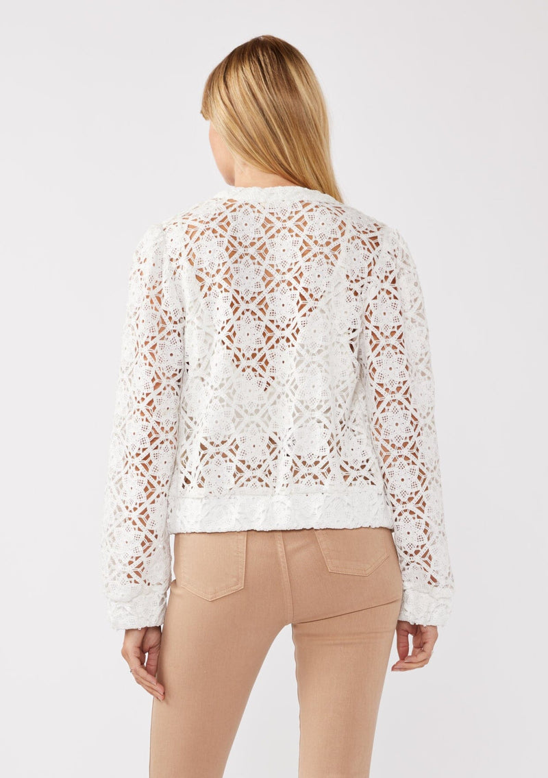 [Color: White] A back-facing image of a blonde model wearing a white open crochet bomber jacket. The jacket features a floral lace pattern, a zip-up front, and a wide elastic band at the hem and cuffs. This cropped style is perfect for casual outings on vacation or as a beachwear throw on.