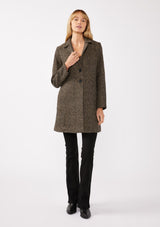 [Color: Brown/Black] A full body front facing image of a blonde model wearing a classic notched lapel coat with a chevron stripe pattern in brown. Featuring a button front and side pockets. The perfect fall staple for any occasion. 