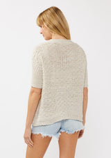 [Color: Bone] A back-facing image of a blonde model wearing a cozy, cropped knit cardigan with a V-neckline, button front, and ribbed half sleeves. Ideal for lounging or layering for a relaxed, casual style.