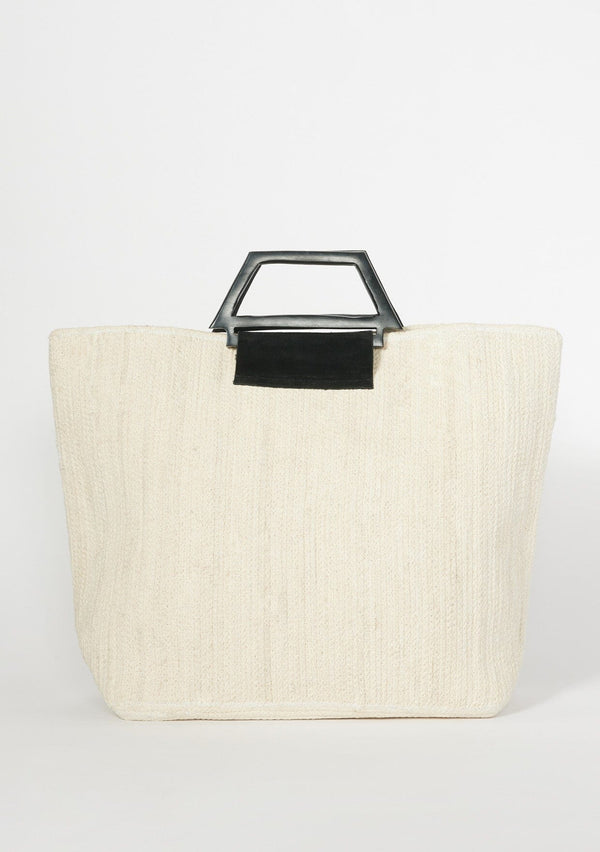 [Color: Natural] A large off white ivory tote bag with a woven cotton feel with wood handles. A vacation style tote with a flimsy structure, perfect for the beach or  to take for travel.