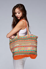 [Color: Orange/Multi] A vibrant, multi-color jacquard tote bag featuring long shoulder straps and a contrasting interior for a stylish touch. 