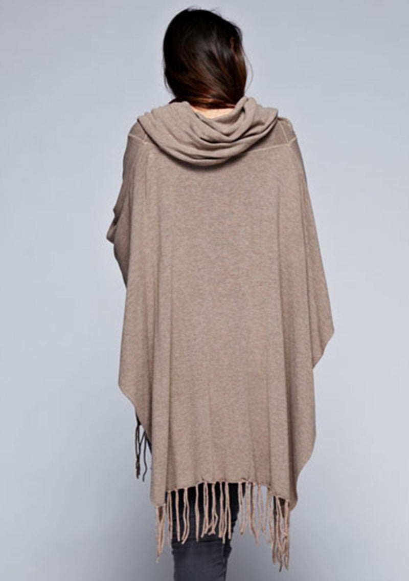 [Color: H. Cocoa] A classic bohemian fringed sweater poncho with oversized cowl neckline. 