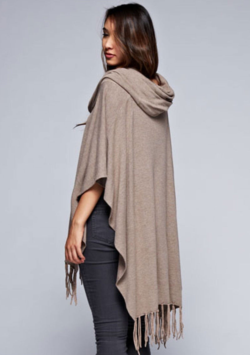 [Color: H. Cocoa] A classic bohemian fringed sweater poncho with oversized cowl neckline. 