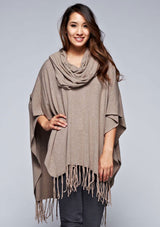 [Color: H. Cocoa] A classic bohemian fringed sweater poncho with oversized cowl neckline. 