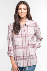 [Color: Taupe/Grey/Burgundy] A brunette model wearing a wine red plaid button down shirt with a classic collar neckline, roll tab sleeves, and a high low hemline. 