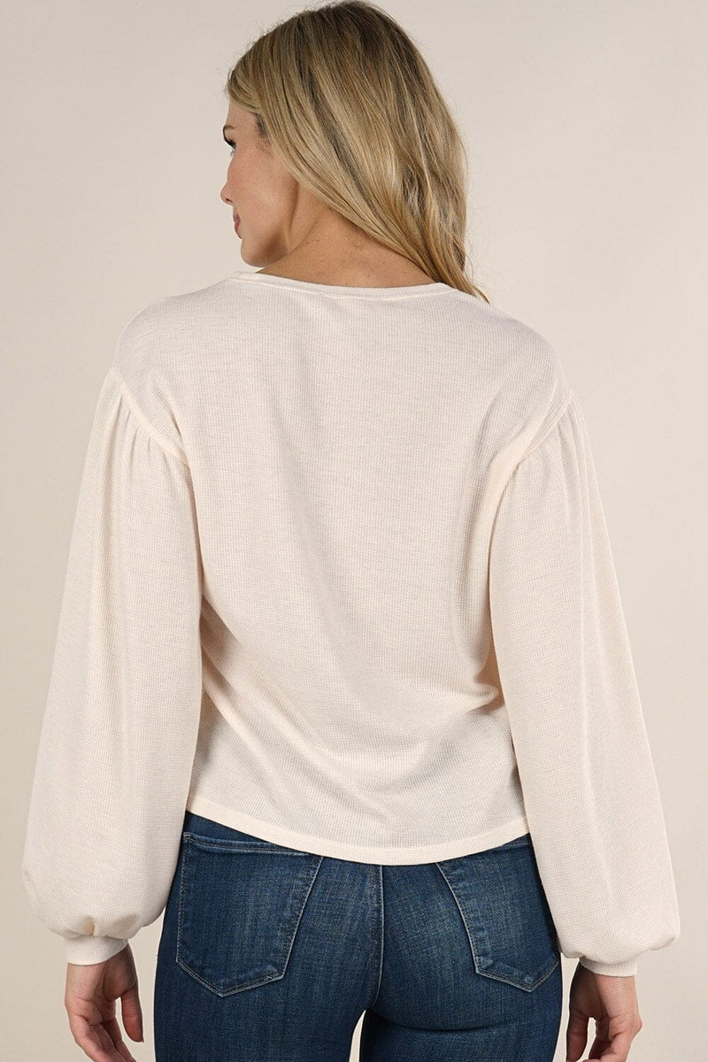 [Color: Blush] Lovestitch light pink lightweight, crewneck, burn-out wash thermal top with long balloon sleeve.