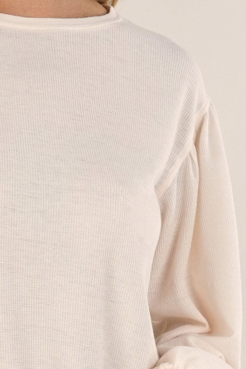 [Color: Blush] Lovestitch light pink lightweight, crewneck, burn-out wash thermal top with long balloon sleeve.