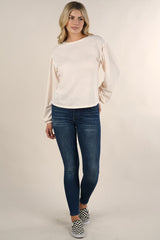 [Color: Blush] Lovestitch light pink lightweight, crewneck, burn-out wash thermal top with long balloon sleeve.