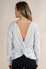 [Color: Baby Blue] Lovestitch light blue lightweight thermal long sleeve yoga shirt with a cute twist back detail. The perfect thin lightweight long sleeve top for summer.