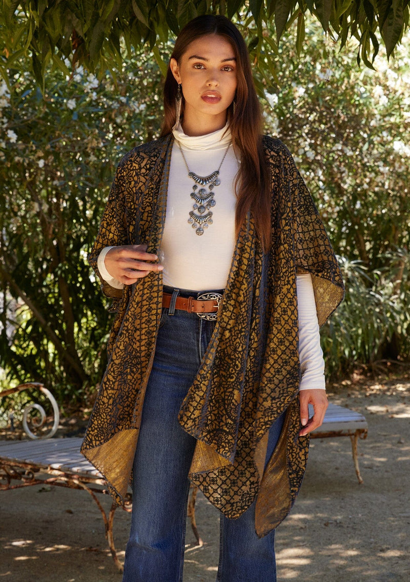 Women's Boho Gold Kimono With Velvet Burnout Design