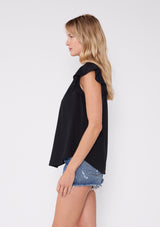 [Color: Black] Shop this essential bohemian black flutter sleeve top with sophisticated chic details. Lovestitch offers a wide range of bohemian chic tops and blouses, designed for comfort and style.