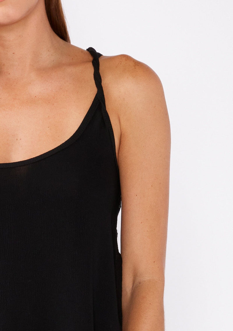 [Color: Black] A casual warm weather top. This tank top features a swing silhouette, crochet lace details, twist strap, and scoop neckline. The perfect breathable top for the summer season.