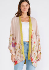 [Color: Rose/Green] Bohemian kimono in a pink floral print. Reversible cover up for the beach.