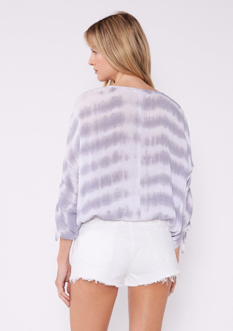 [Color: White/Grey] Breeze bohemian tie-dye grey and white blouse with embroidered details, ruched sleeves, a v-necklive and front buttons. The perfect boho summer blouse
