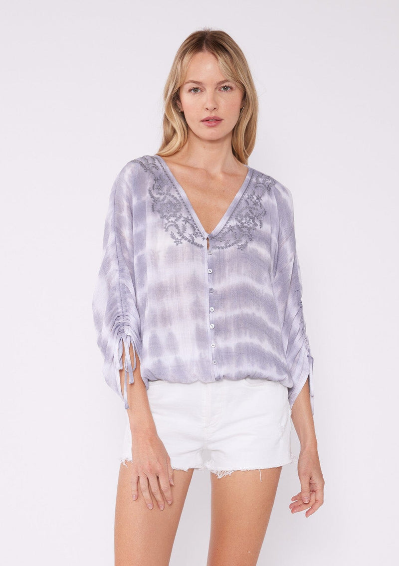 [Color: White/Grey] Breeze bohemian tie-dye grey and white blouse with embroidered details, ruched sleeves, a v-necklive and front buttons. The perfect boho summer blouse