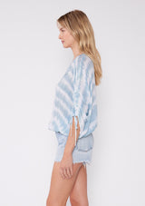 [Color: White/Teal] Breeze bohemian tie-dye teal blouse with embroidered details, ruched sleeves, a v-necklive and front buttons. The perfect boho summer blouse
