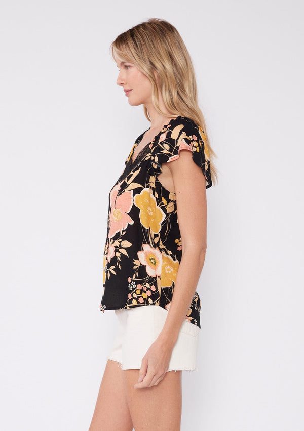 [Color: Back/Dusty Coral] Beautiful black cap sleeve top with a lace trim v neckline and pretty coral and yellow floral print.