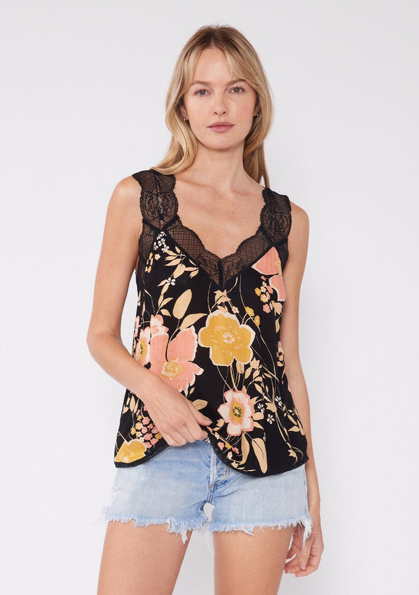 [Color: Black/Dusty Coral] Beautiful black floral tank top featuring large coral and yellow floral print, a relaxed fit and lace trim V neckline.