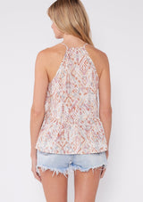 [Color: Cream/Dusty Brick] A bohemian chic top with an ikat print. Features a v-neckline, pintuck details, and a trendy high-low hem. An easy to wear style for the Summer season.