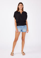 [Color: Black] Black bohemian chic peplum top with a cute button front detailand flattering short sleeves with pleated details. 