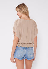 [Color: Taupe] Tan beige bohemian chic peplum top with a cute button front detail and flattering short sleeves with pleated details. 