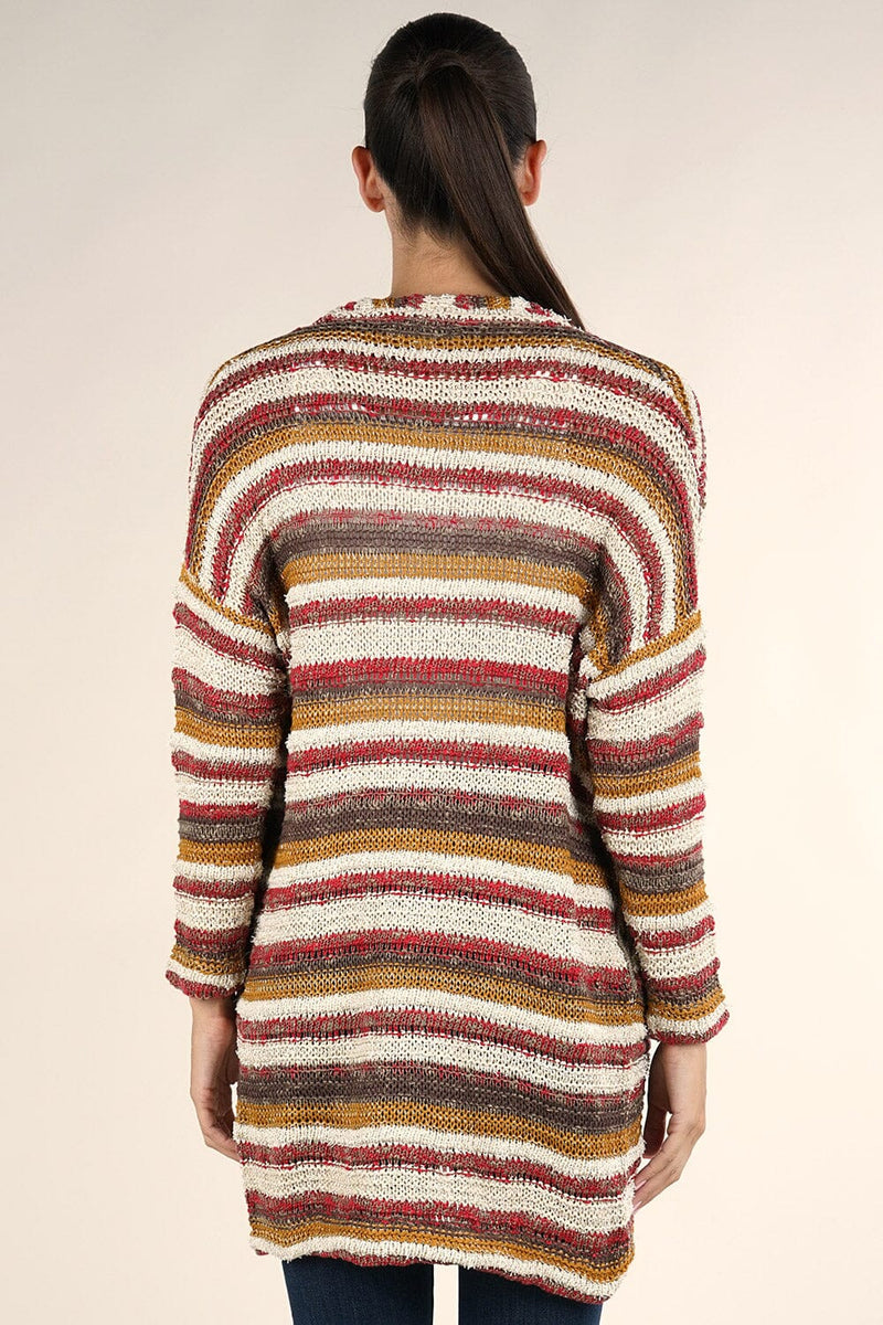 [Color: Natural/Burgundy Multi] A back facing image of a brunette model wearing a cozy striped knit cardigan with subtle metallic thread accents. Featuring a relaxed dropped shoulder and side patch pockets.