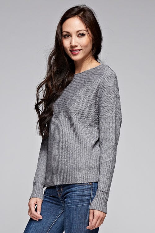 [Color: Heather Grey] A side facing image of a brunette model wearing a grey ribbed sweater with cozy long dolman sleeves. 