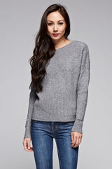 [Color: Heather Grey] A front facing image of a brunette model wearing a grey ribbed sweater with cozy long dolman sleeves. 