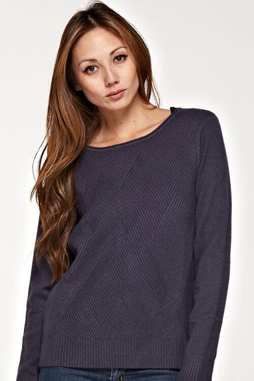 [Color: Graphite] A front facing image of a brunette model wearing a cozy ribbed knit sweater with a geometric design and a round neckline. 