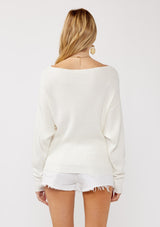 [Color: Winter White] A back facing image of a blonde model wearing a white waffle knit pullover sweater. With long sleeves, a relaxed fit, and a wide neckline that can be worn off the shoulder.