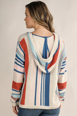 [Color: Natural/Multi] A blonde model wearing a striped knit pullover hoodie with a kangaroo pocket, open knit details, and a v-neckline. Perfect for the beach or casual styling. 