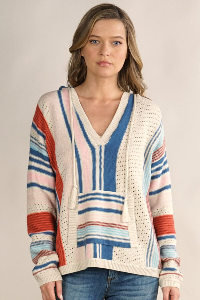 [Color: Natural/Multi] A blonde model wearing a striped knit pullover hoodie with a kangaroo pocket, open knit details, and a v-neckline. Perfect for the beach or casual styling. 