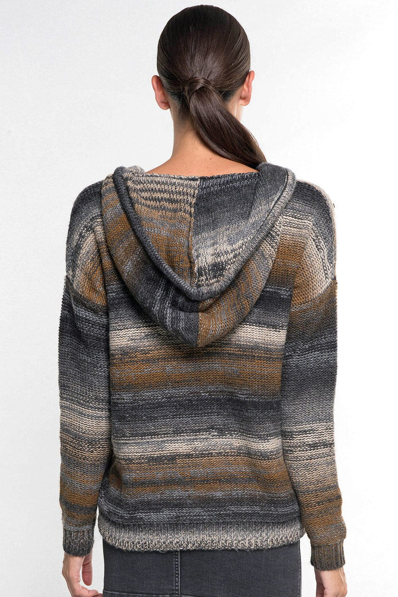 [Color: Grey/Bronze] A back facing image of a brunette model wearing a grey and brown space dye knit hoodie with an adjustable drawstring, dropped shoulders, and kangaroo pockets. 