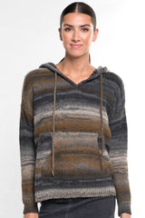 [Color: Grey/Bronze] A front facing image of a brunette model wearing a grey and brown space dye knit hoodie with an adjustable drawstring, dropped shoulders, and kangaroo pockets. 