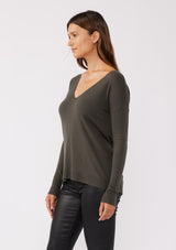 [Color: Hunter] A side facing image of a brunette model wearing a soft knit pullover sweater in dark green. With a comfortable v neckline, long sleeves, and an open back with surplice accent. The perfect basic knit top for any season. 