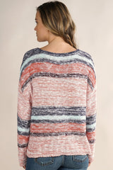 [Color: Peach/Aqua/Navy] A back facing image of a blonde model wearing a multi stripe lightweight knit sweater with a round neckline, long sleeves, and a dropped shoulder. 