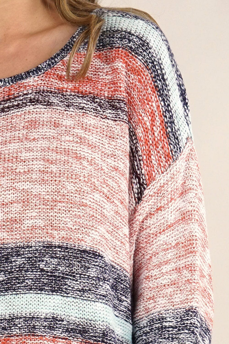 [Color: Peach/Aqua/Navy] A detail  image of a blonde model wearing a multi stripe lightweight knit sweater with a round neckline, long sleeves, and a dropped shoulder. 