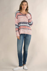 [Color: Peach/Aqua/Navy] A full body front facing image of a blonde model wearing a multi stripe lightweight knit sweater with a round neckline, long sleeves, and a dropped shoulder. 