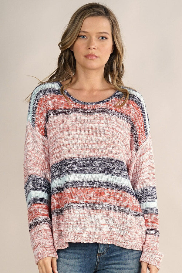 [Color: Peach/Aqua/Navy] A multi stripe lightweight knit sweater with a round neckline, long sleeves, and a dropped shoulder. 