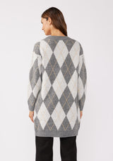 [Color: Charcoal/Grey] A back facing image of a brunette model wearing an ultra-soft mid length cardigan in a grey and light grey argyle plaid pattern. With long sleeves, an open front, and side pockets.