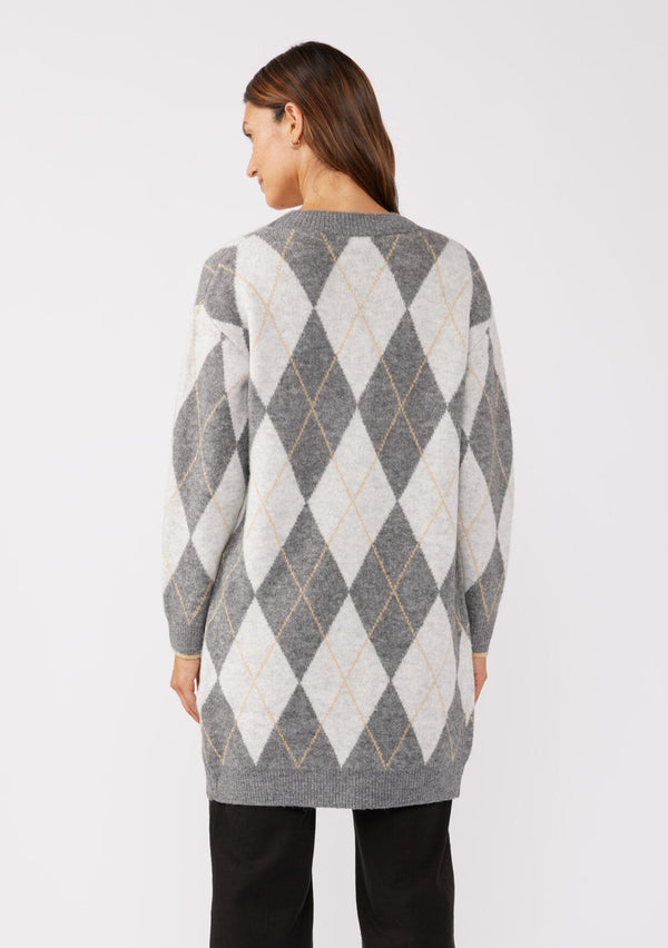 [Color: Charcoal/Grey] A back facing image of a brunette model wearing an ultra-soft mid length cardigan in a grey and light grey argyle plaid pattern. With long sleeves, an open front, and side pockets.