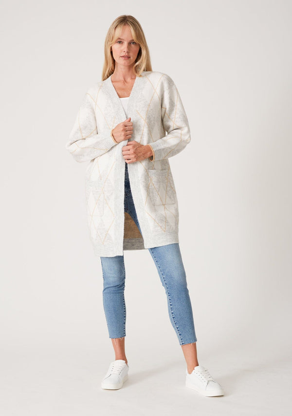 [Color: Heather Grey/Ivory] An image of a blonde model wearing an ultra-soft mid length cardigan in a light grey and ivory argyle plaid pattern. With long sleeves, an open front, and side pockets.